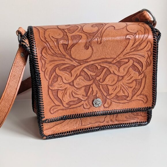 Vintage Hand Tooled Leather Purse Crossbody Shoulder Bag W/ Lily Flower & Fairy - Picture 1 of 14